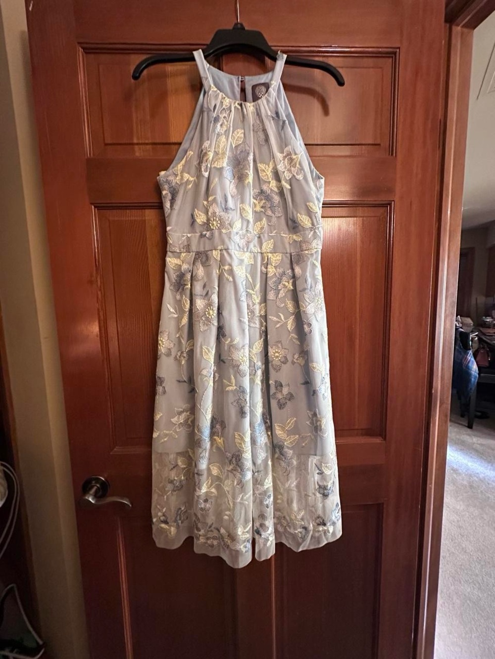 Vince Camuto Light Blue Floral Halter Dress with Cream & Gold Embroidery
